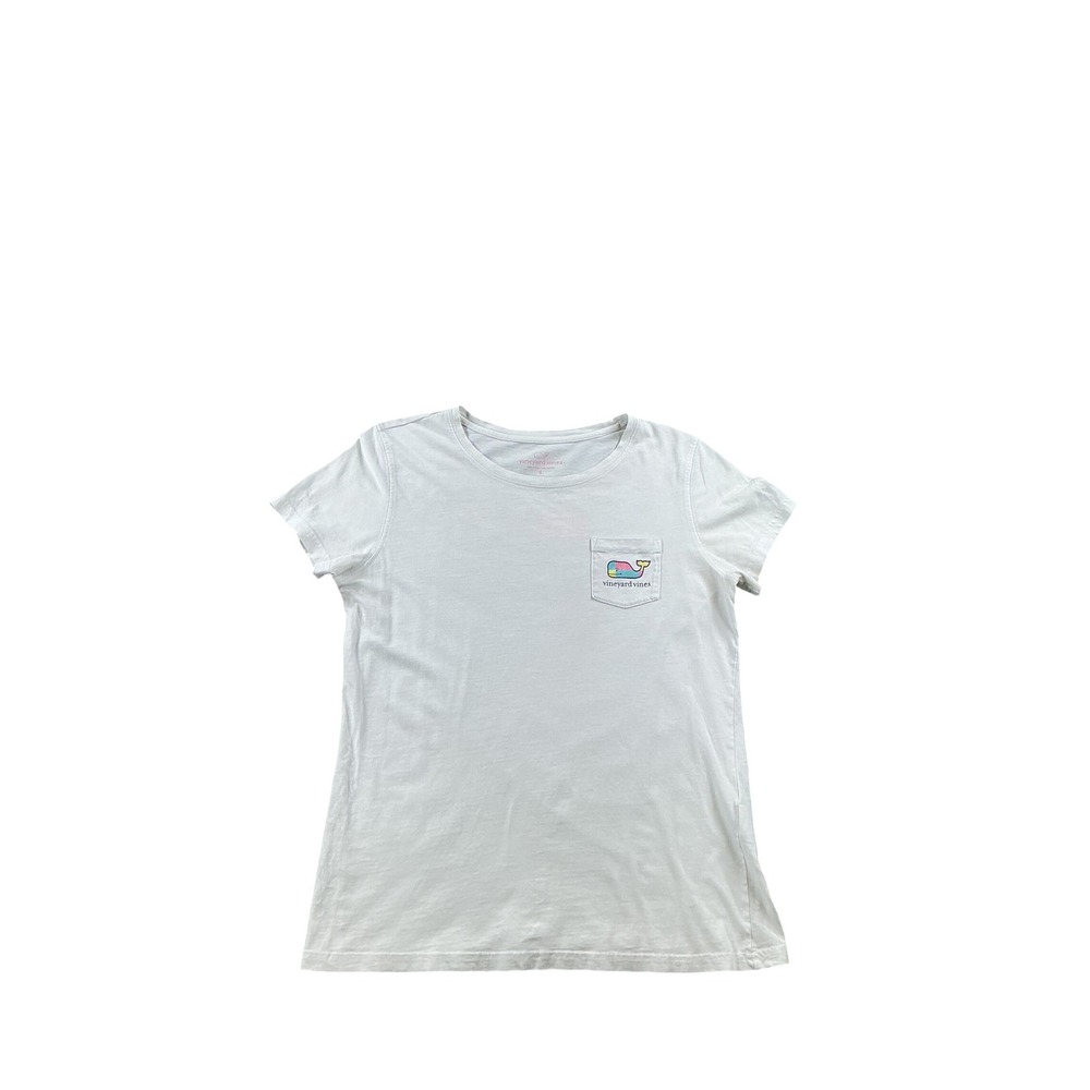 Vineyard Vines Womens White Patchwork Whale Pocket T-Shirt S Short Sleeve Cotton